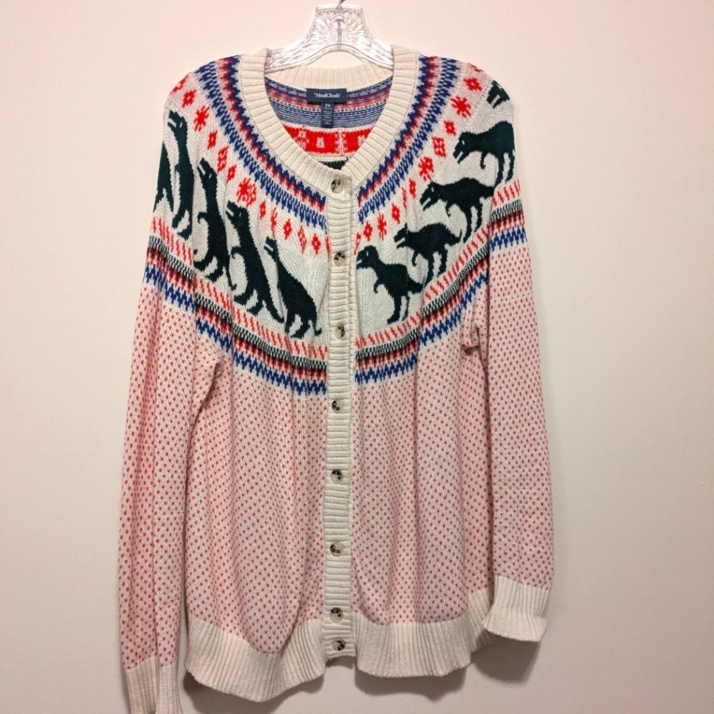 Womens Size 2X Modcloth Rawr Ambition Dinosaur Fair Isle Holiday Cardigan